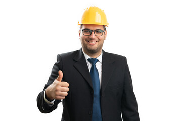 Male contractor or engineer smiling making like gesture thumb up