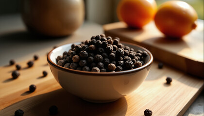 wallpapers A scenic view featuring a bowl filled with black spices on a wooden table, accompanied by fresh fruits. The warm tones enhance the aesthetic appeal. AI generated.