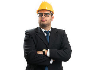 Portrait of male contractor wearing suit and safety hardhat