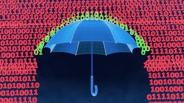 Blue umbrella protecting from the malicious computer code