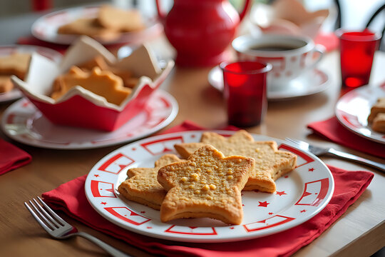Festive Star-Shaped Cookies on Traditional Red and White Tableware - Powered by Adobe