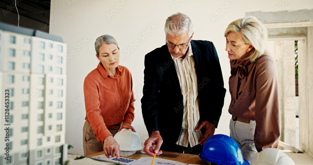 Poster mature architect, team and discussion with blueprint for construction project or remodeling. group, 