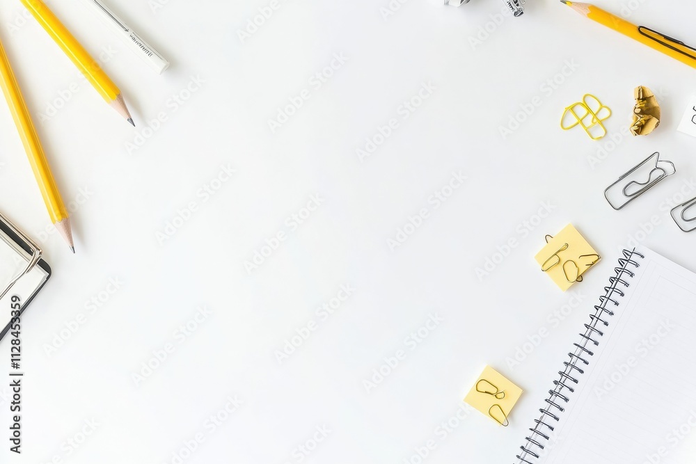 Poster yellow pencils, paper clips, sticky notes, and a notebook are neatly arranged on an empty desk, perf