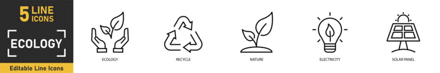 Ecology line icon set. Set of 5 outline icons related to ecology, recycle, nature, electricity, solar panel and more. Vector illustration.