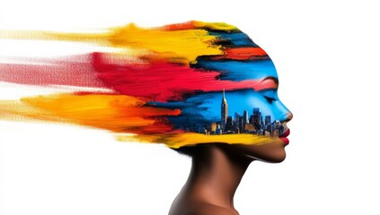 Woman's face is painted with a city skyline and the colors are bright and vibrant. The painting gives off a feeling of energy and excitement
