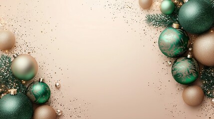 Elegant Christmas frame background with green and golden balls ornaments, pine branches, and sparkling snowflakes on a light yellow gradient backdrop
