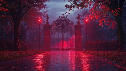 Mystical garden gate illuminated by red lanterns in foggy night. Gothic ornate iron gates with dramatic lighting creating mysterious and enchanting atmosphere in autumn park