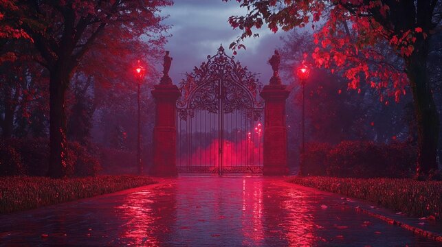 Mystical garden gate illuminated by red lanterns in foggy night. Gothic ornate iron gates with dramatic lighting creating mysterious and enchanting atmosphere in autumn park