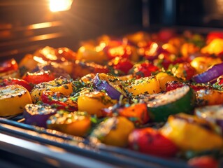 A vibrant and appetizing display of freshly roasted vegetables ready to be served, presented in an oven with a glowing light, suggesting a healthy and delicious meal prepared with care.