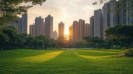 Obraz premium A serene park scene with tall buildings and a sunset backdrop.