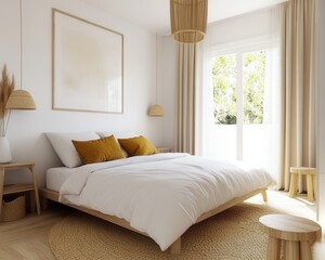 Minimalist bedroom with beige curtains and golden throw pillows