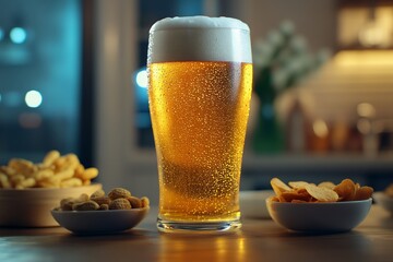 おつまみと一緒に楽しむ冷えたビールグラス | Chilled Beer Glass Enjoyed with Snacks