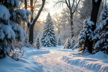Serene Snowy Forest Path in Winter Wonderland with Glowing Sunlight