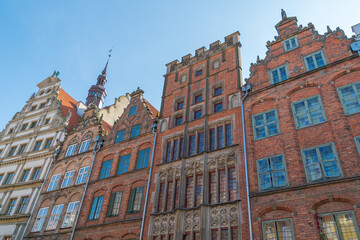 Beautiful historical buildings in the city center. Old Town, Gdansk, Poland. Architecture details.
