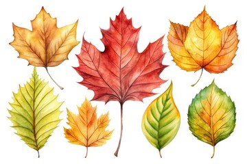 Fototapeta premium High-resolution autumn watercolor leaves, isolated on white. Deep depth of field, showcasing vibrant fall foliage.