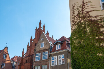 Historical buildings in the city center. Cityscape. Chlebnicka street. Gdansk, Poland.