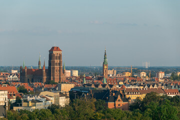 View of Gdansk at sunset. Panorama of the city. the Basilica of the Assumption of the Blessed Virgin Mary.