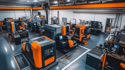 Fototapeta premium Modern Factory With Many Orange And Gray Machines
