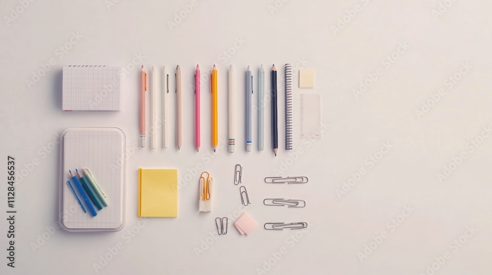 Poster Neatly arranged office supplies including pens, pencils, sticky notes, and paper clips ready for use in workspace tasks or projects. Generative AI