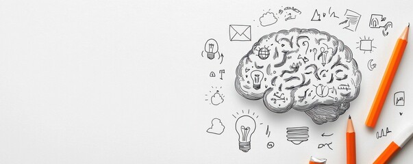 A creative illustration of a brain surrounded by various icons representing ideas, knowledge, and creativity, with orange pencils nearby.