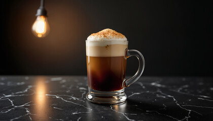 A beautifully crafted coffee beverage topped with cream and cocoa powder against a dark backdrop. Perfect for coffee lovers and food photography enthusiasts. AI generated.