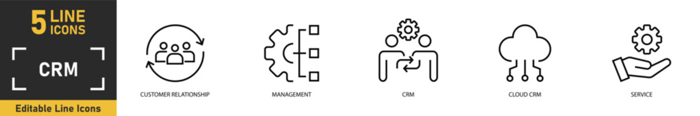 CRM line icon set. Set of 5 outline icons related to customer relationship, management, crm, cloud crm, service and more. Vector illustration.