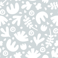 Hand drawn nature organic seamless pattern. Vector minimalistic groovy plant shapes print. Trendy abstract naive Scandinavian grey background for wrapping paper, boho style design, fabric, textile.