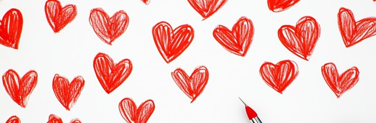 Drawing of many hearts with a red pen in the middle