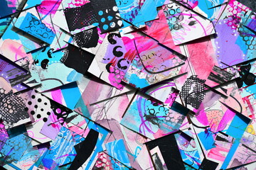 Abstract background, art collage of colorful paper pieces. Blue lilac paint pattern, graphic lines and shapes, samples for layout