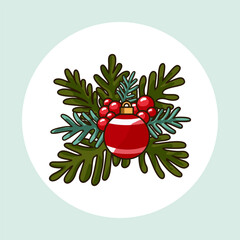 Christmas vector illustration of fir sprigs with red berries and Christmas tree ball New Year decoration