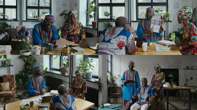 Split screen of black people in typical African outfits attending business meeting with presentation, discussing ideas and posing for camera in modern eco-friendly office