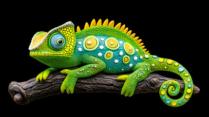 Obraz premium Vibrant, colorful chameleon perched on a branch, showcasing intricate patterns and textures against a black background.