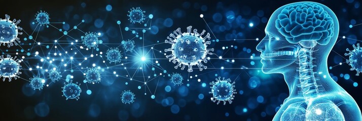 3D Rendering of a Human Head with Vertebrae, Surrounded by Digital Coronavirus Models
