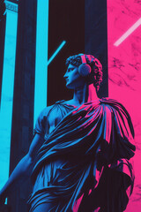 Fototapeta premium Reimagined Classical Statue with Headphones: A Vivid Neon Embrace of Modernity and Traditional Art in a Vibrant Urban Setting
