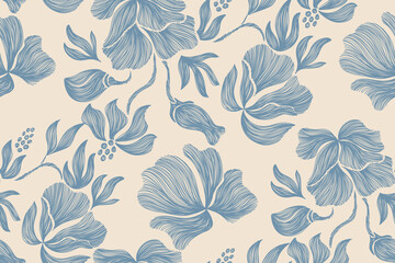 Vintage floral ethnic tapestry modern embroidery texture boho design vector illustration hand drawn silhouette indigo blue flower motif branches leaves wallpaper seamless background border.