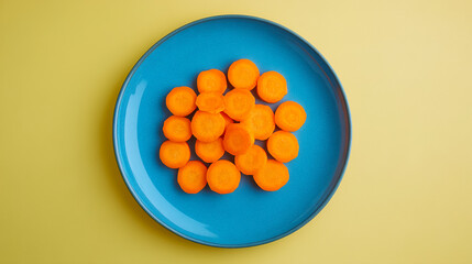 Colorful sliced carrots arranged on a bright blue plate against a vibrant yellow background. Generative AI