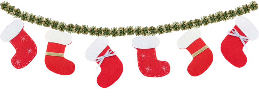 Garland wirh red Christmas socks hanging on strings