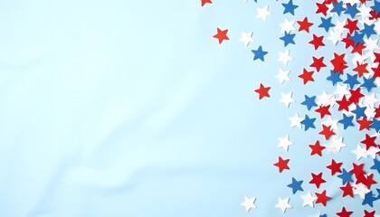 Red, white, and blue star confetti on light blue background