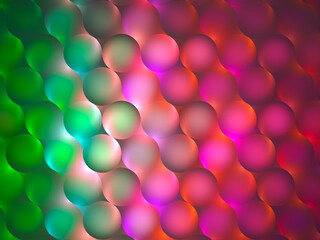 Glowing green-pink gradient circles abstract 3D background.