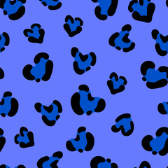 Cute leopard spots heart seamless pattern. Vector hand drawn blue animal leo skin print. Safari spotted texture background for fashion love print, fabric, textile, Valentines day decor, backgrounds.