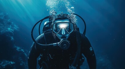a man who is wearing diving gear,dives into the deep sea, surrounded by bluewaters and various marine life. With a flashlight in his hand, he looked around for traces of artifacts.