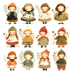 Adorable vintage-inspired watercolor children in cozy attire, surrounded by delicate floral elements