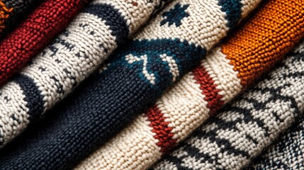 Fototapeta premium A collection of raw knitted materials neatly arranged, showcasing their intricate patterns, soft textures, and high-quality craftsmanship for creative projects.