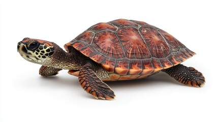 Obraz premium A colorful turtle with a patterned shell, positioned on a white background, showcasing its unique features and textures.