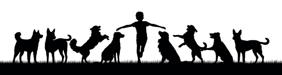Boy open arms playing with group of dogs outdoor on grass field vector black silhouettes.