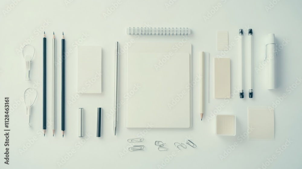 Aufkleber stationery items like pens, pencils, sticky notes, and paper clips are neatly organized on a minimal