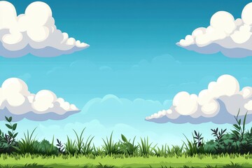 Cartoon Landscape, Sunny Day with Fluffy Clouds over Lush Green Grass