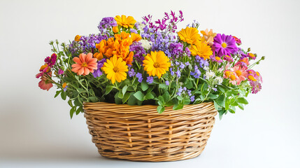 Bright and colorful floral arrangement in woven basket showcasing spring blooms on a light background. Generative AI