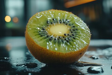 Juicy kiwi fruit slice, glistening with water droplets. Perfect for healthy eating, recipes, and food blogs.