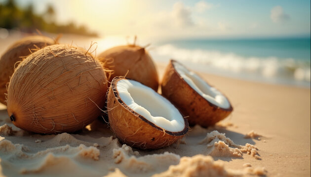 wallpapers A serene view of fresh coconuts scattered on a sandy beach. The sun sets over the calm ocean waves, creating a tropical paradise feeling. AI generated